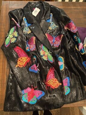 QUEEN OF SPARKLES Black Sequin Blazer with Multicolor Butterfly Embroidery
